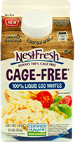 A 16-ounce gable top carton of NestFresh Cage-Free 100% Liquid Egg Whites. Certified Humane.
