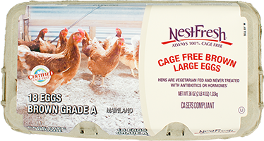 A carton of Grade A NestFresh Cage Free Brown Large Eggs. 18 Certified Cage Free eggs.