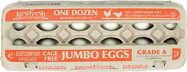 A carton of one dozen, Grade A NestFresh Cage Free Jumbo Eggs. Always 100% Cage Free from hens who feed on a 100% vegetarian diet. 