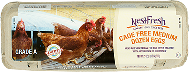 A carton of Grade A NestFresh Cage Free Medium Dozen Eggs. Certified Cage Free. 