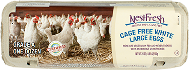 A carton of one dozen, Grade A NestFresh Cage Free White Large Eggs. Certified Cage Free. 