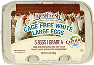 A carton of six Grade A NestFresh Cage Free White Large Eggs. Certified Cage Free. 