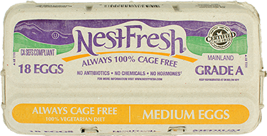A carton of 18 Grade A NestFresh Always Cage Free Medium Eggs. Certified Cage Free. From hens fed a 100% vegetarian diet.