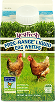 A 16-ouce gable top carton of NestFresh Free-Range Liquid Egg Whites. Non-GMO Project Verified. Always 100% cage free.