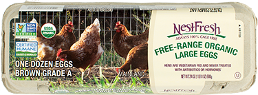 A carton of one dozen, brown, Grade A NestFresh Free Range Organic Large Eggs. Non-GMO Project Verified, USDA Organic and Certified Humane. 