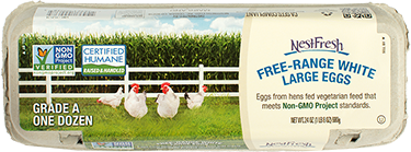 A carton of one dozen Grade A NestFresh Free-Range White Large Eggs. Non-GMO Project Verified and Certified Humane.