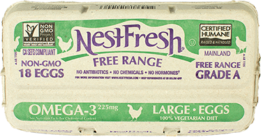 A carton of 18 Grade A NestFresh Free Range Omega-3 Large Eggs. Non-GMO Project Verified, Certified Humane. From hens fed a 100% vegetarian diet. 