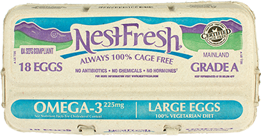 A carton of 18 Grade A NestFresh Omega-3 Large Eggs. From hens fed a 100% vegetarian diet. Certified Cage Free.