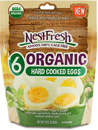 Resealable bag of six NestFresh Organic Hard Cooked Eggs. USDA Organic, peeled and ready to eat. Always 100% cage free. 