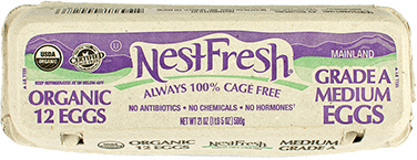A carton of one dozen, Grade A, medium NestFresh Organic Eggs. USDA Organic and Certified Humane. No antibiotics, no chemicals and no hormones.