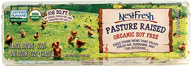 A carton of one dozen, Grade A, large, brown NestFresh Pasture Raised Organic Soy Free Eggs. USDA Organic and Certified Humane. 108 square feet of grass, fresh air and sunshine per hen.