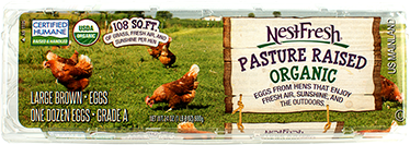 A carton of one dozen, Grade A, large, brown NestFresh Pasture Raised Organic Eggs. USDA Organic and Certified Humane. 108 square feet of grass, fresh air and sunshine per hen.