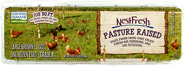 A carton of one dozen large, brown NestFresh Pasture Raised Eggs. Certified Humane. 108 square feet of grass, fresh air and sunshine per hen.