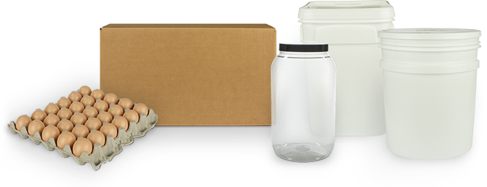 Image of wholesale packaging options including glass jars, cardboard boxes of gable cartons, plastic pales, plastic totes, and 15 dozen flats. 