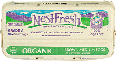 A carton of 18 Grade A NestFresh Organic Brown Medium Eggs. From hens fed a 100% vegetarian diet. Certified Cage Free.