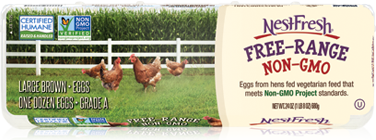 Carton of one dozen Grade A NestFresh Free-Range Brown Large Eggs. Non-GMO Project Verified and Certified Humane.